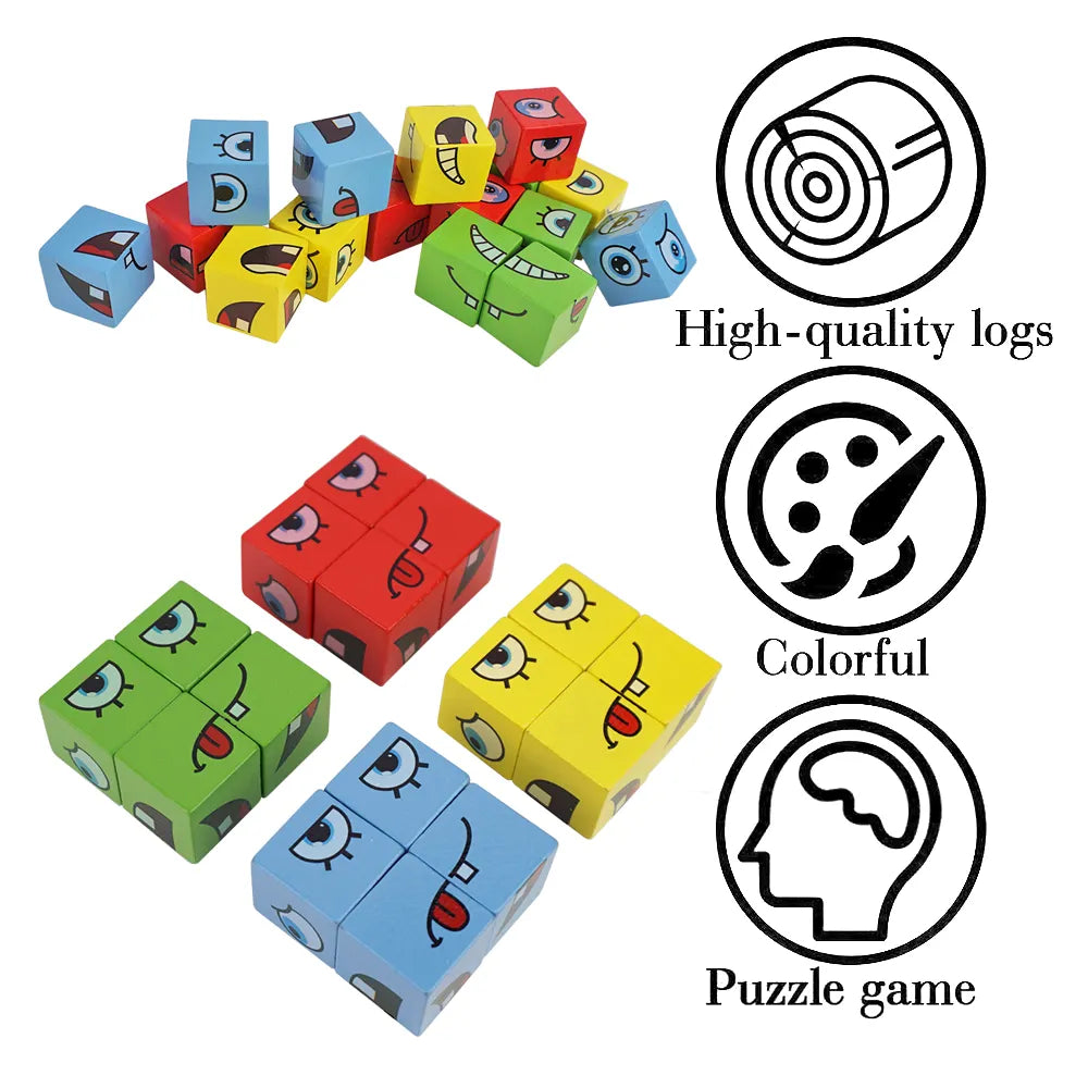 Face Change Wooden Expression Puzzle: Educational Montessori Building Blocks and Magic Cube Toy