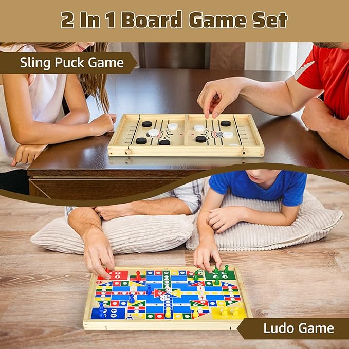 2-in-1 Ludo and Slingshot Game: Wooden Fast Sling Puck Board Game, Foosball Winner Hockey for Kids and Adults