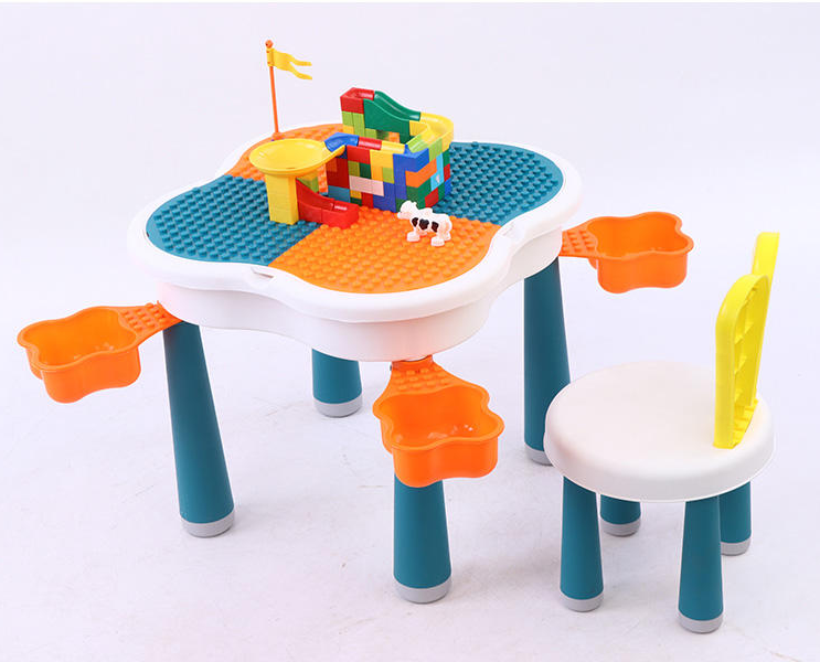 2-in-1 Building Blocks and Reading-Drawing Table and 2 Rabbit-shapped Chair Set