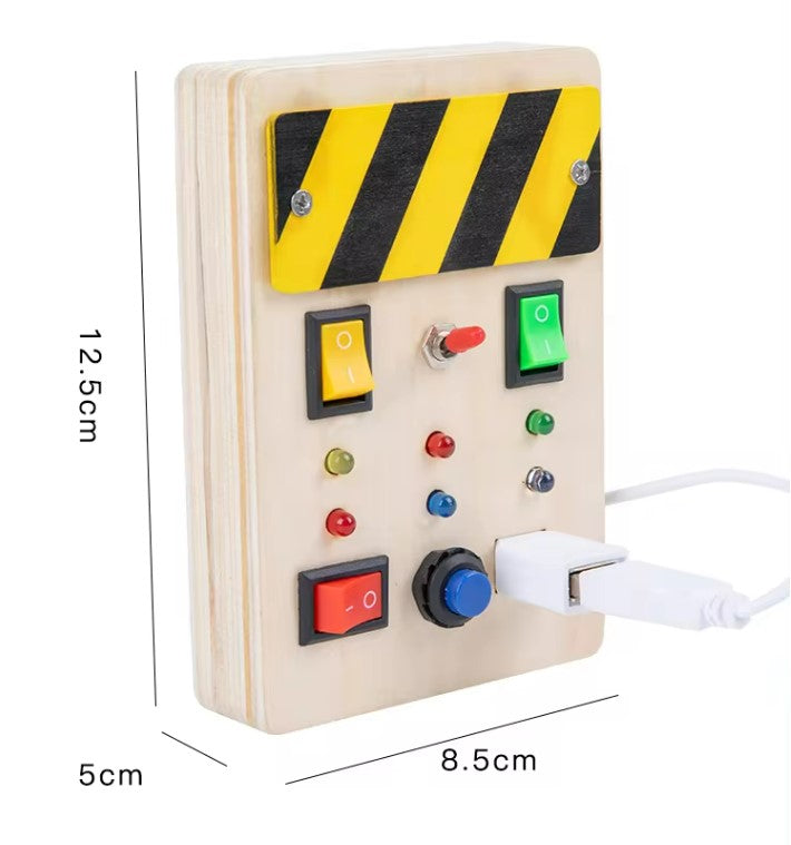 Wooden Light Up, LED, Buttons, Pluggable Wires Busy Board Toy