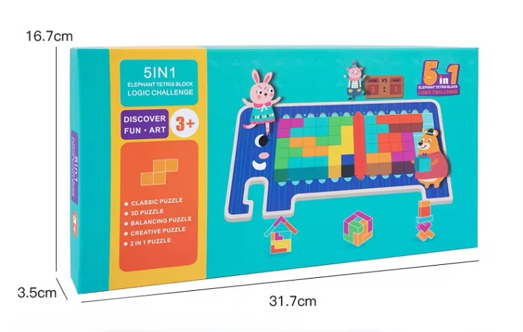 5-in-1 Wooden Logic Training Elephant Building Puzzle Intellectual Challenge Game