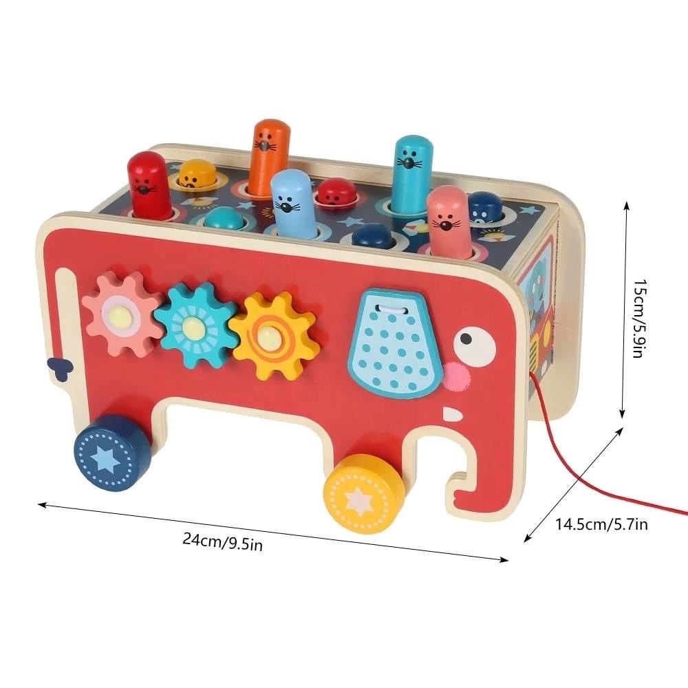 2-in-1 Colorful Wooden Hit-A-Mole, Knocking Hamster, And Movable Bus Toy