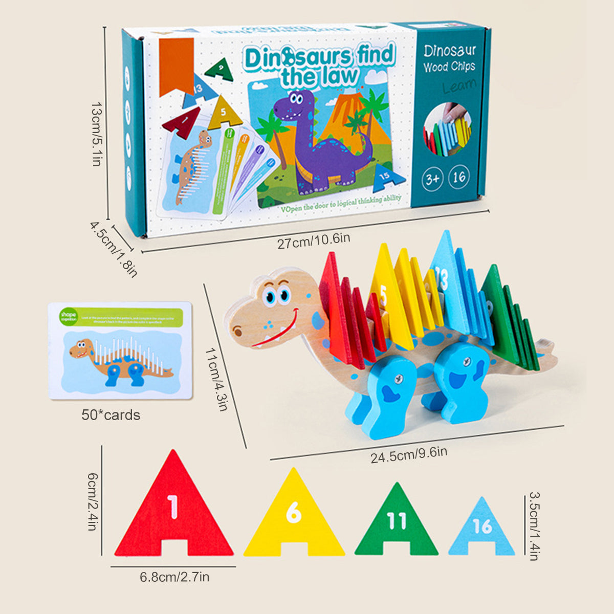 Wooden Dinosaur Color, Shapes, and Number Recognition Puzzles