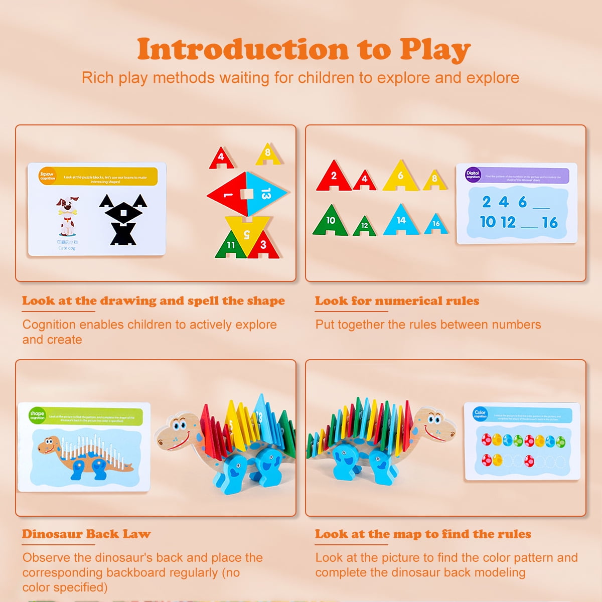Wooden Dinosaur Color, Shapes, and Number Recognition Puzzles