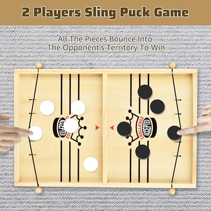 2-in-1 Ludo and Slingshot Game: Wooden Fast Sling Puck Board Game, Foosball Winner Hockey for Kids and Adults