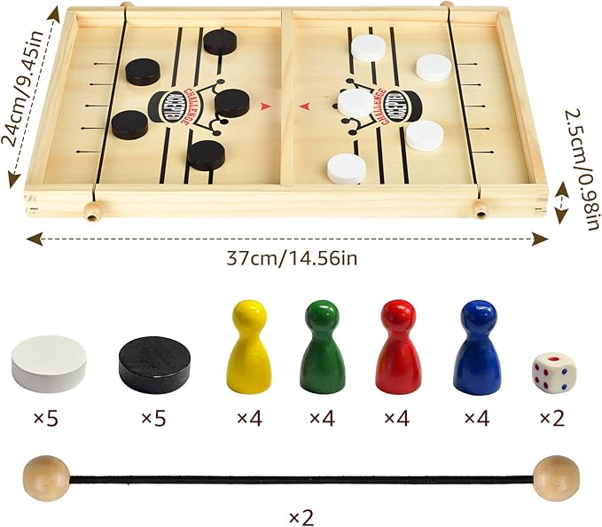 2-in-1 Ludo and Slingshot Game: Wooden Fast Sling Puck Board Game, Foosball Winner Hockey for Kids and Adults