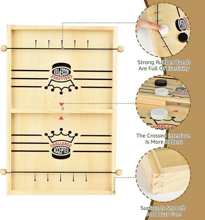 2-in-1 Ludo and Slingshot Game: Wooden Fast Sling Puck Board Game, Foosball Winner Hockey for Kids and Adults