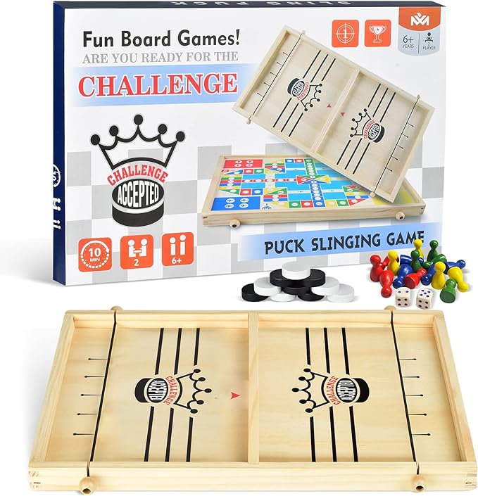 2-in-1 Ludo and Slingshot Game: Wooden Fast Sling Puck Board Game, Foosball Winner Hockey for Kids and Adults