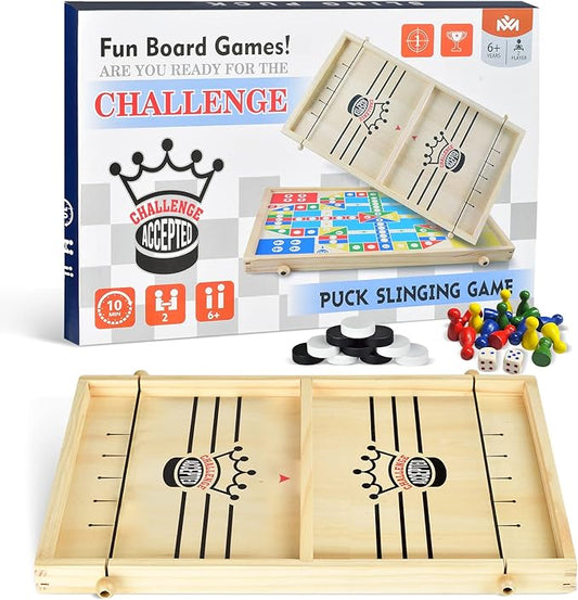 2-in-1 Ludo and Slingshot Game: Wooden Fast Sling Puck Board Game, Foosball Winner Hockey for Kids and Adults