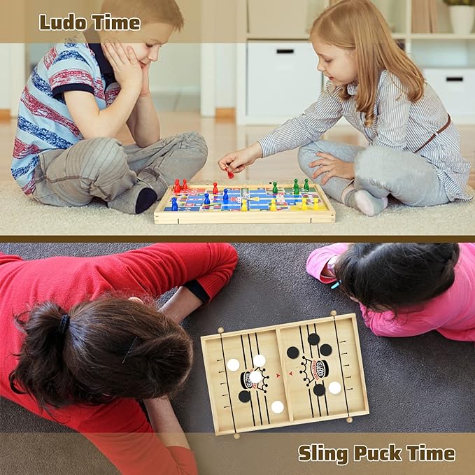 2-in-1 Ludo and Slingshot Game: Wooden Fast Sling Puck Board Game, Foosball Winner Hockey for Kids and Adults
