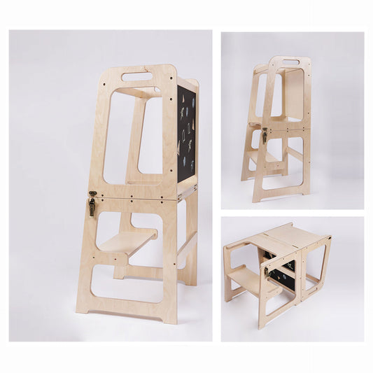 3-in-1 Foldable Learning Tower and steps with Chalkboard