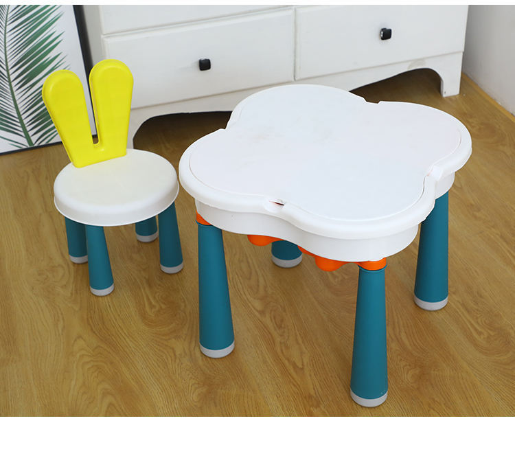 2-in-1 Building Blocks and Reading-Drawing Table and 2 Rabbit-shapped Chair Set