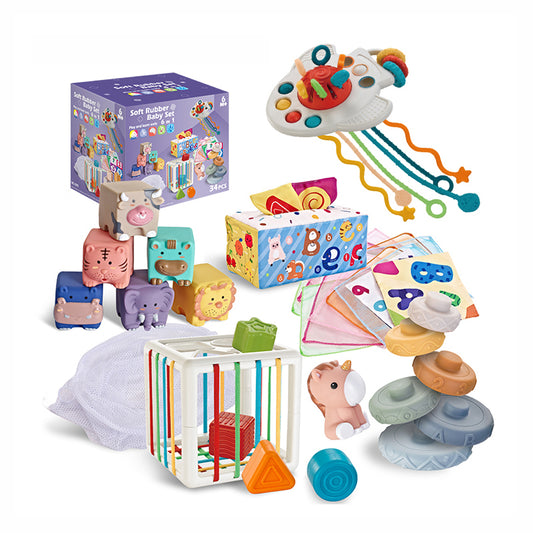 6-in-1 Set Pull String Toy Shape Sorter Montessori Sensory Baby Stacking Toys With Soft Silicone Rubber Stacking Blocks - 34 PCS