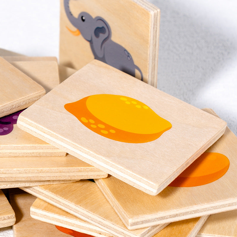 Wooden Shadow Matching Game - Montessori Animal & Fruit Pairing Puzzle