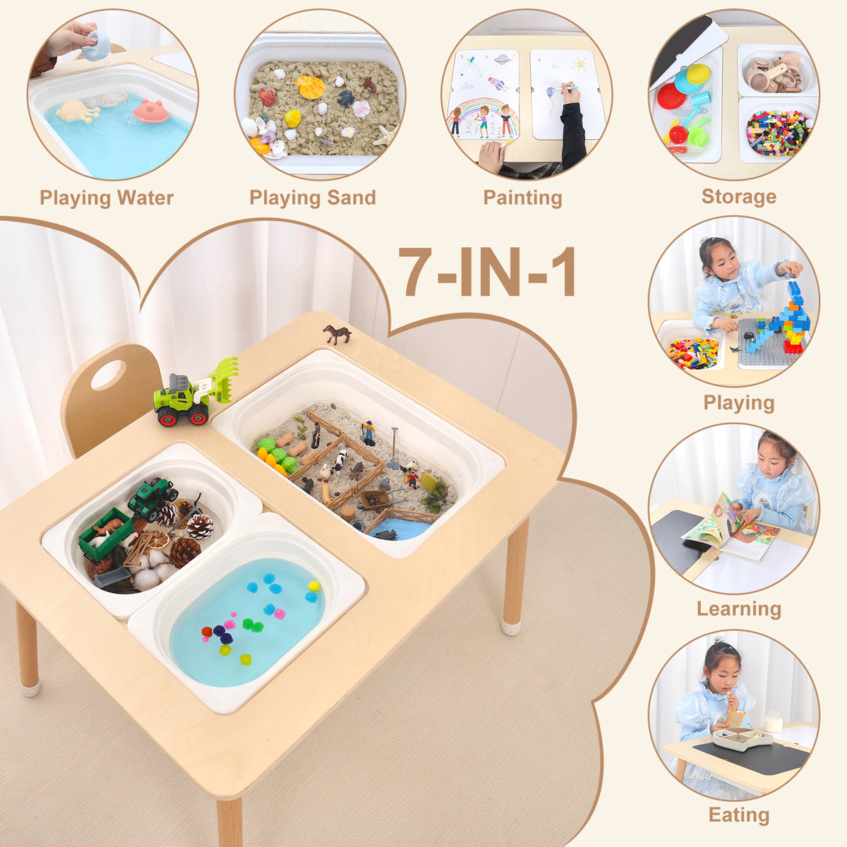 Wooden Sensory Creative Table with 3 Foldable Storage Bins and a Wooden Chair