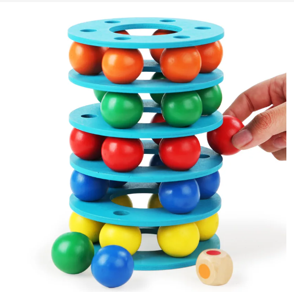 Wooden Rainbow Balls Tower Stack, Color Cognition and Hand-Eye Training Toy