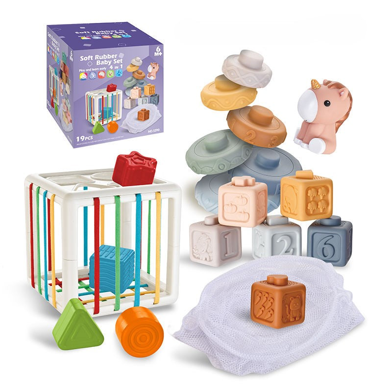4-in-1 Set Toy Shape Sorter Montessori Sensory Baby Stacking Toys With Soft Silicon Stacking Blocks - 19 PCS