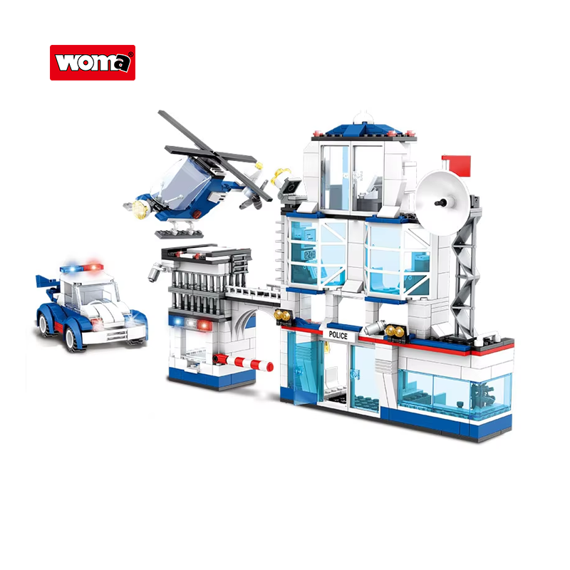 City Police Station Headquarters Model Small Brick Building Block Set With Helicopter and Car