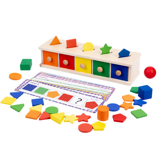 4-in-1 Montessori Wooden Toy - Shape Sorter & Color Matching Drawer Box
