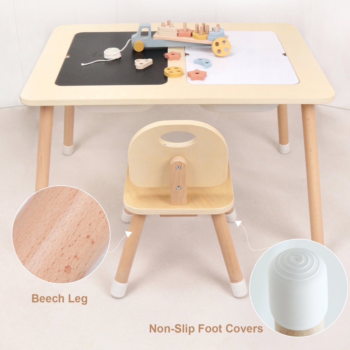 Wooden Sensory Creative Table with 3 Foldable Storage Bins and a Wooden Chair