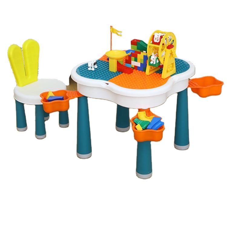 2-in-1 Building Blocks and Reading-Drawing Table and 2 Rabbit-shapped Chair Set