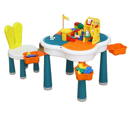 2-in-1 Building Blocks and Reading-Drawing Table and 2 Rabbit-shapped Chair Set
