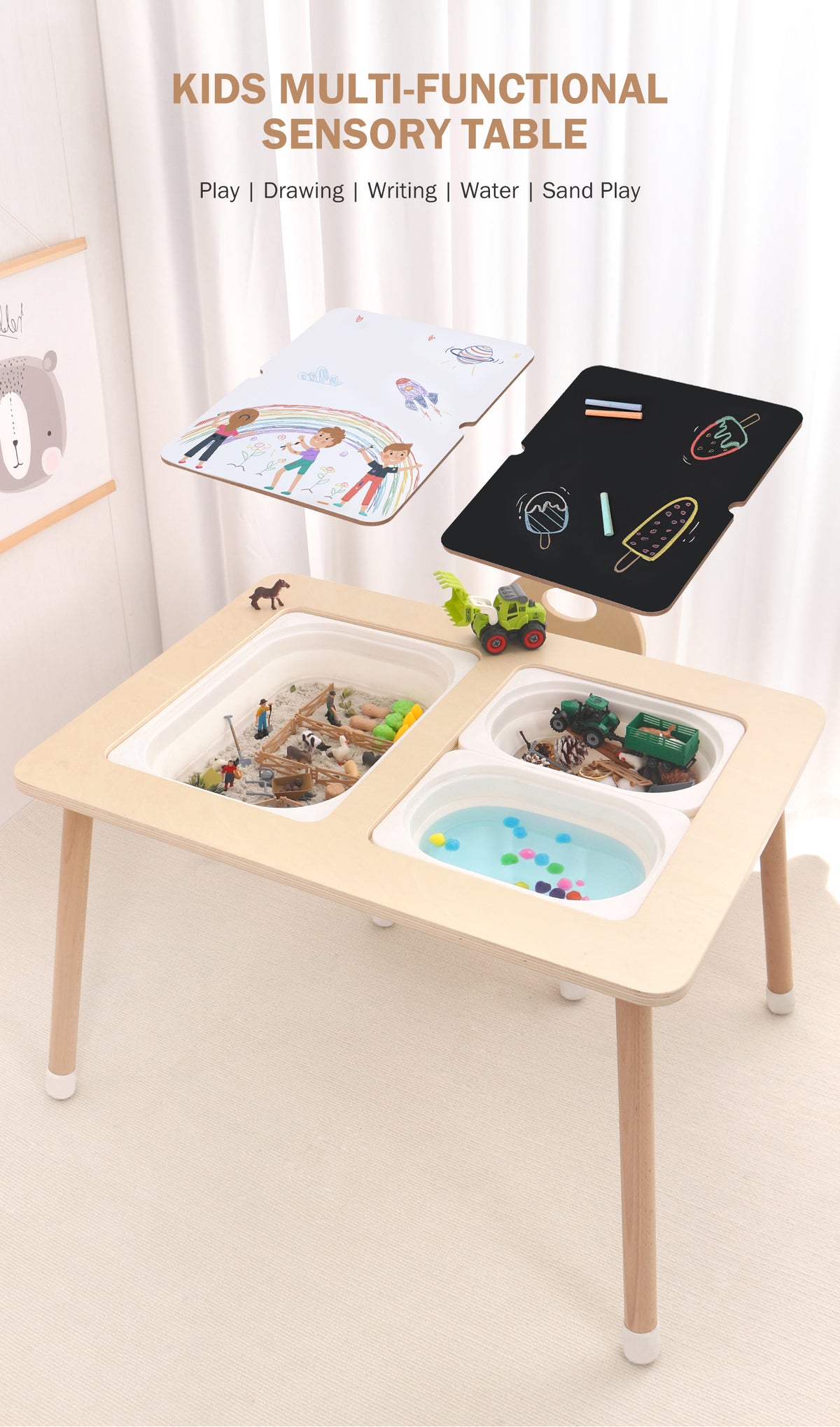Wooden Sensory Creative Table with 3 Foldable Storage Bins and a Wooden Chair