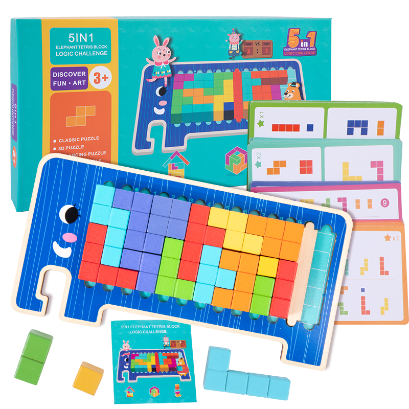 5-in-1 Wooden Logic Training Elephant Building Puzzle Intellectual Challenge Game