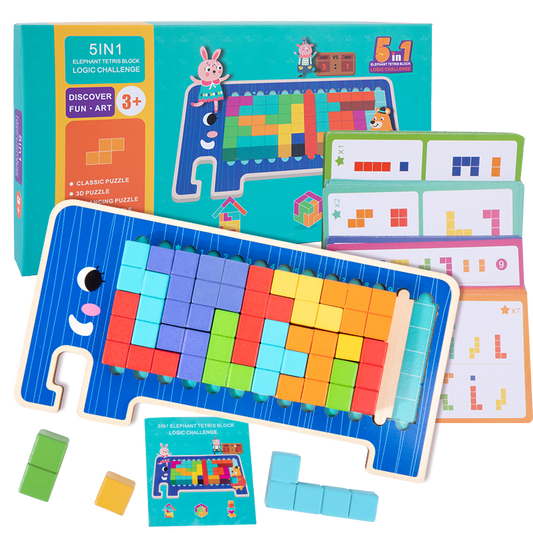 5-in-1 Wooden Logic Training Elephant Building Puzzle Intellectual Challenge Game
