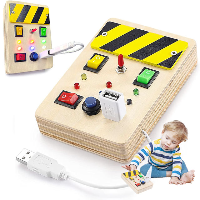 Wooden Light Up, LED, Buttons, Pluggable Wires Busy Board Toy