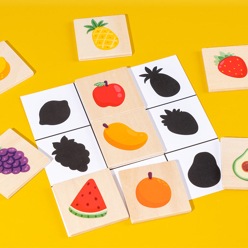 Wooden Shadow Matching Game - Montessori Animal & Fruit Pairing Puzzle