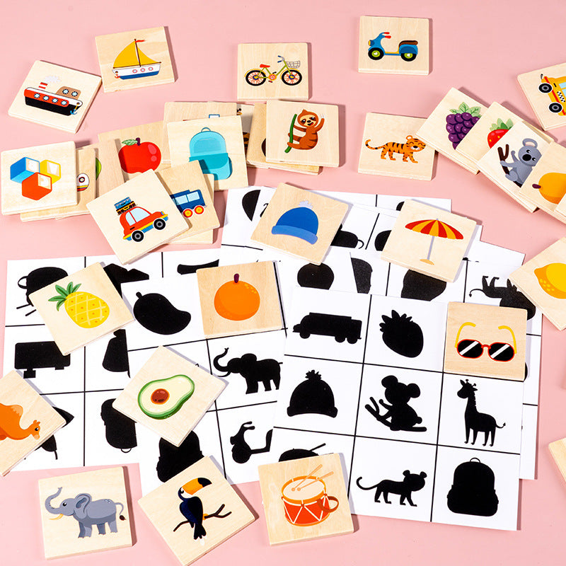 Wooden Shadow Matching Game - Montessori Animal & Fruit Pairing Puzzle