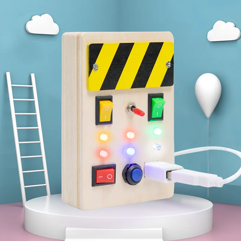 Wooden Light Up, LED, Buttons, Pluggable Wires Busy Board Toy
