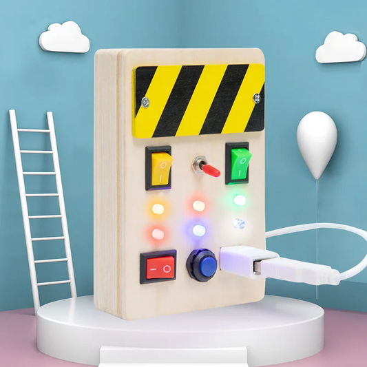 Wooden Light Up, LED, Buttons, Pluggable Wires Busy Board Toy