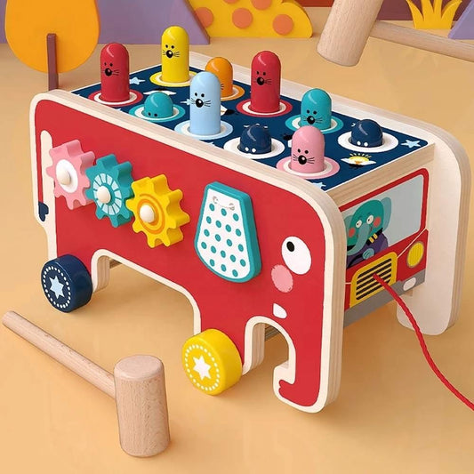 2-in-1 Colorful Wooden Hit-A-Mole, Knocking Hamster, And Movable Bus Toy