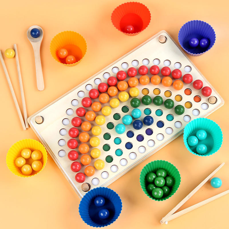 Rainbow Montessori Wooden Toys Clip Beads Puzzle Board Matching Game