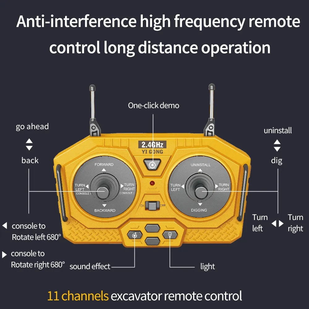 RC Excavator 9-Channel Remote Control Engineering Vehicle - Alloy Version