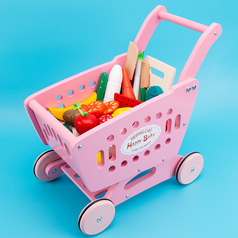Wooden Shopping Cart with 17 Fruits Set Toys