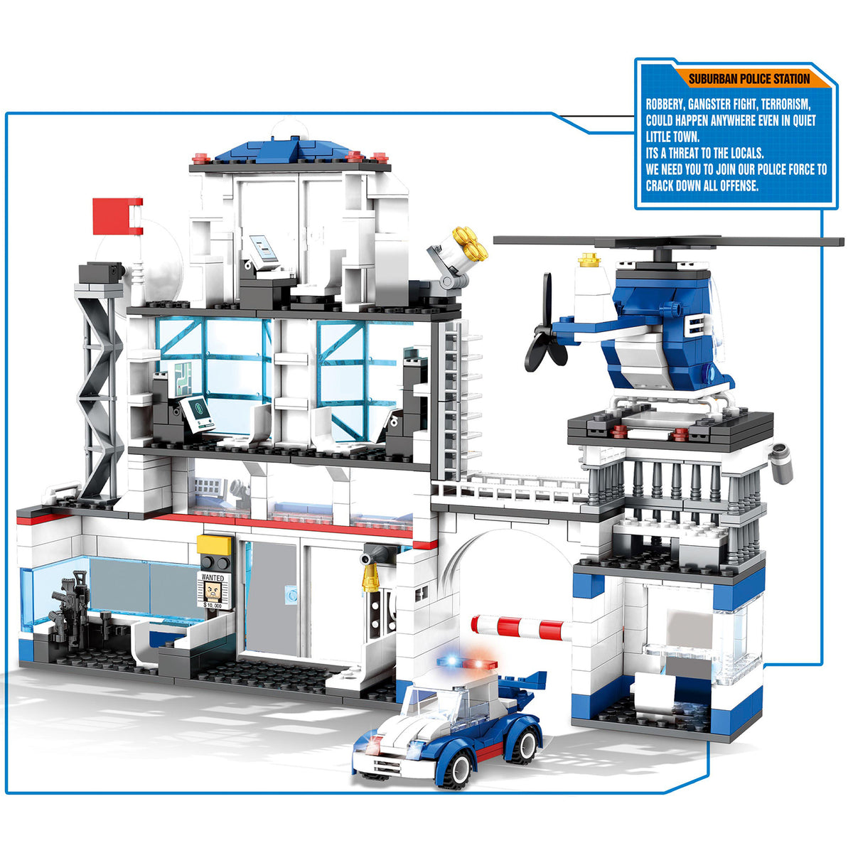 City Police Station Headquarters Model Small Brick Building Block Set With Helicopter and Car