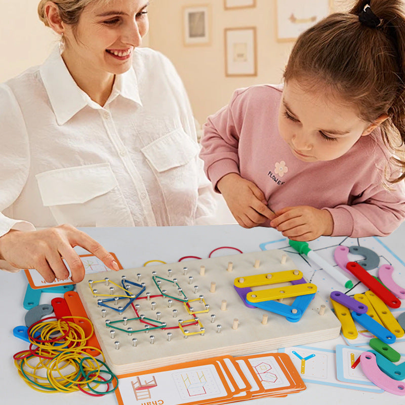 3-in-1 Montessori Geometry Puzzle - Wooden Nail Board for Shape & Color Learning