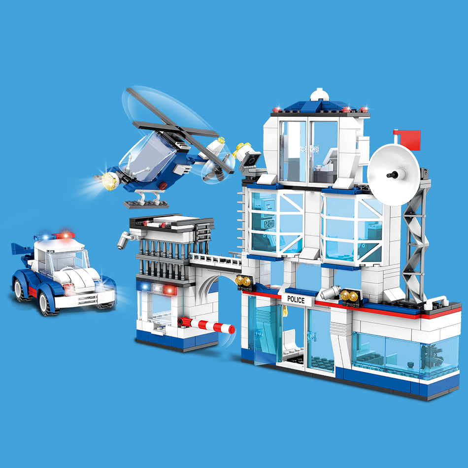 City Police Station Headquarters Model Small Brick Building Block Set With Helicopter and Car