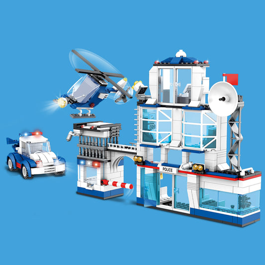 City Police Station Headquarters Model Small Brick Building Block Set With Helicopter and Car