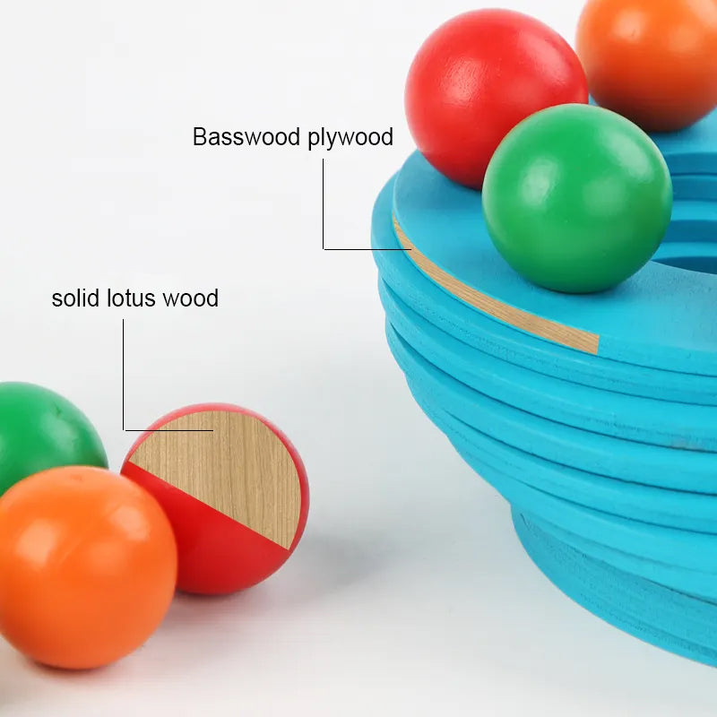 Wooden Rainbow Balls Tower Stack, Color Cognition and Hand-Eye Training Toy
