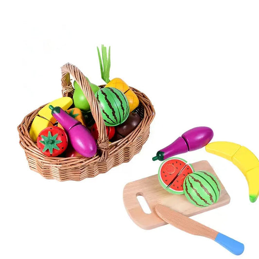 Wooden Magnetic Fruits Vegetables & Knife in a Basket