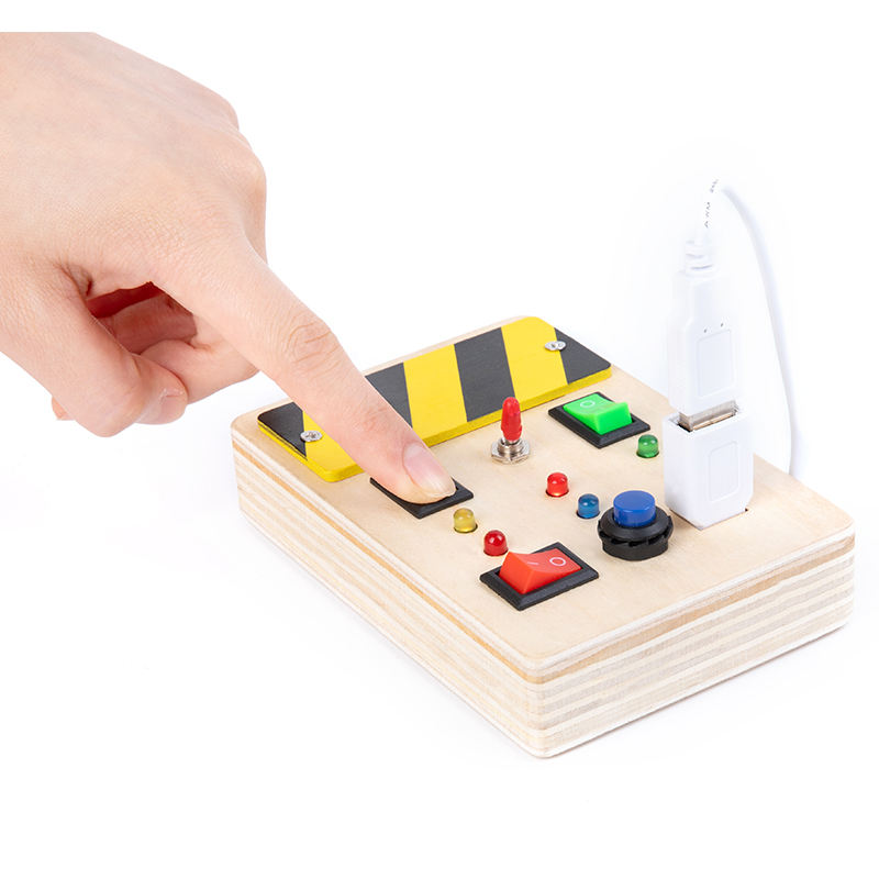 Wooden Light Up, LED, Buttons, Pluggable Wires Busy Board Toy