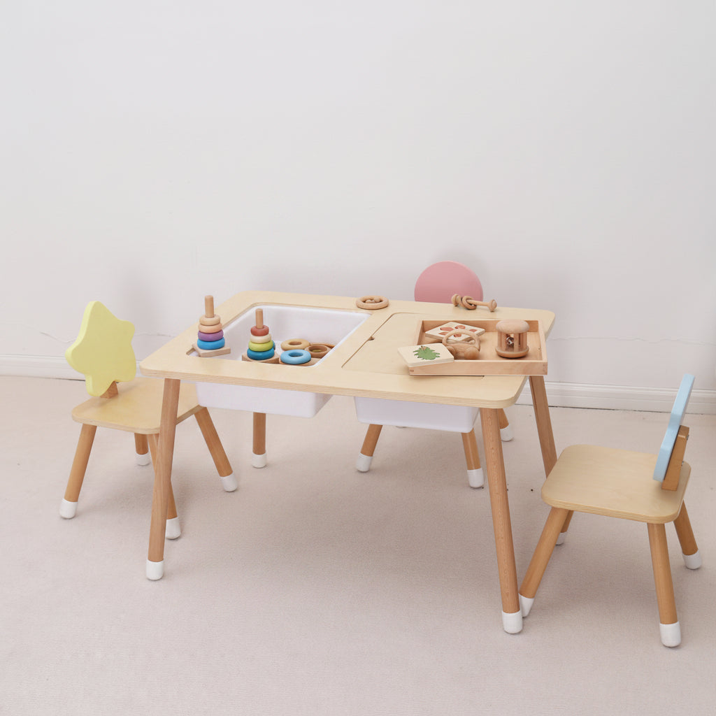 Wooden Sensory Creative Table with 3 Foldable Storage Bins and a Wooden Chair