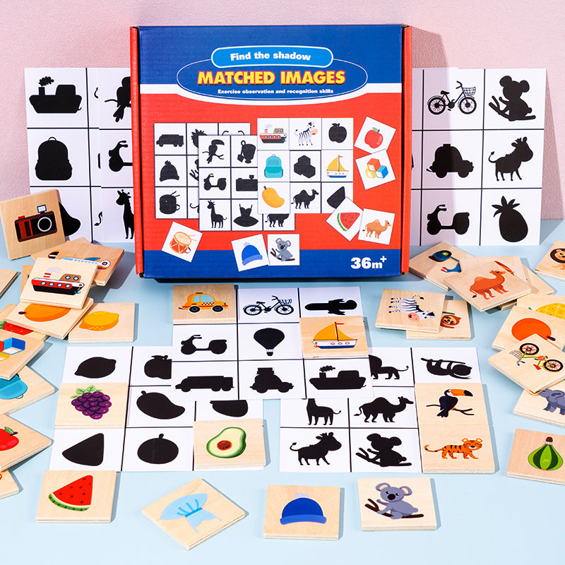 Wooden Shadow Matching Game - Montessori Animal & Fruit Pairing Puzzle