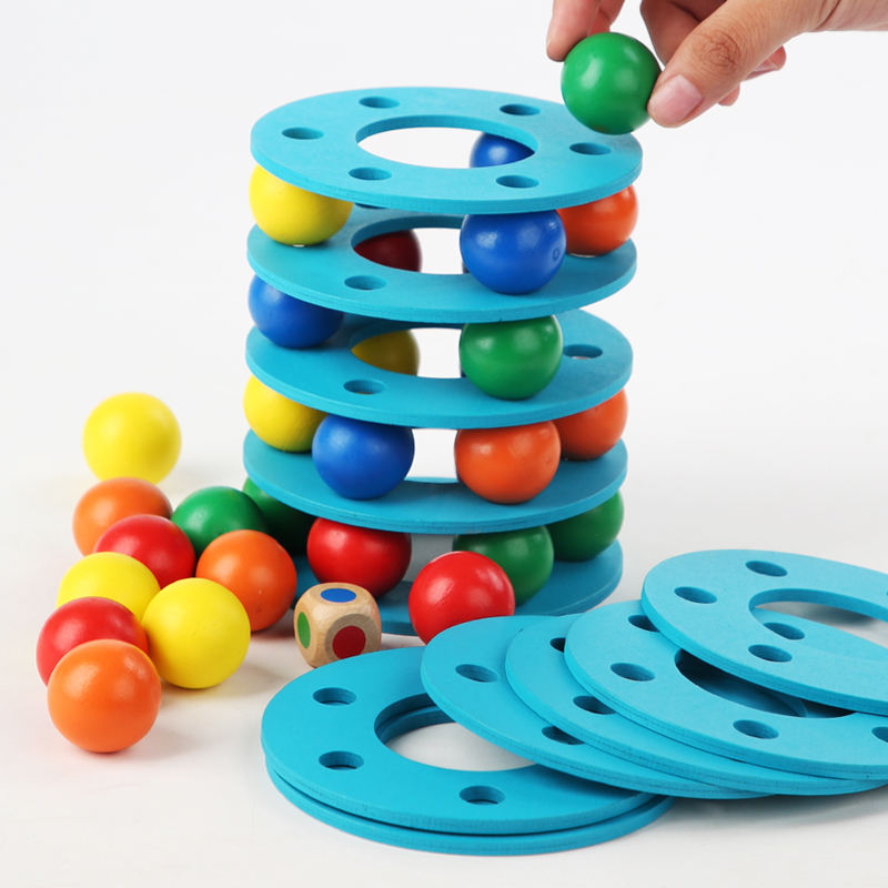 Wooden Rainbow Balls Tower Stack, Color Cognition and Hand-Eye Training Toy