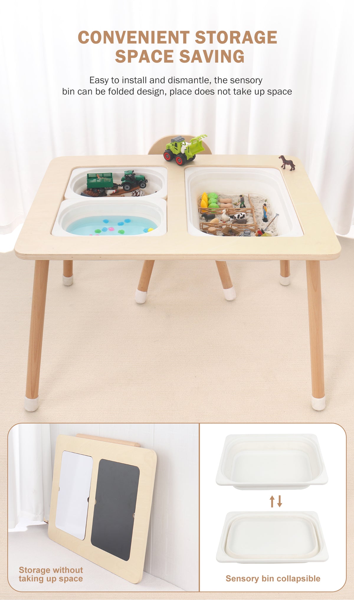 Wooden Sensory Creative Table with 3 Foldable Storage Bins and a Wooden Chair