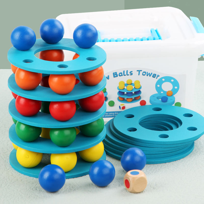Wooden Rainbow Balls Tower Stack, Color Cognition and Hand-Eye Training Toy